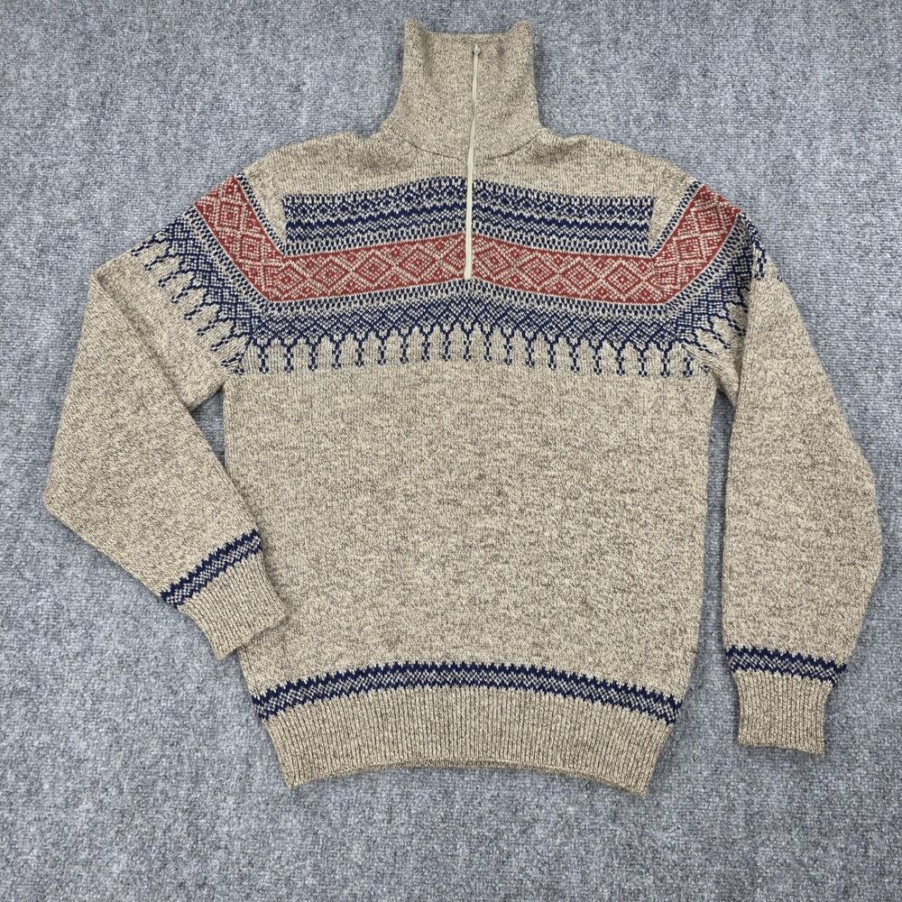 Vintage Cabelas Sweater Mens Large Beige Fair Isle Wool Mock Neck 1/4 Zip Ski - Picture 2 of 16